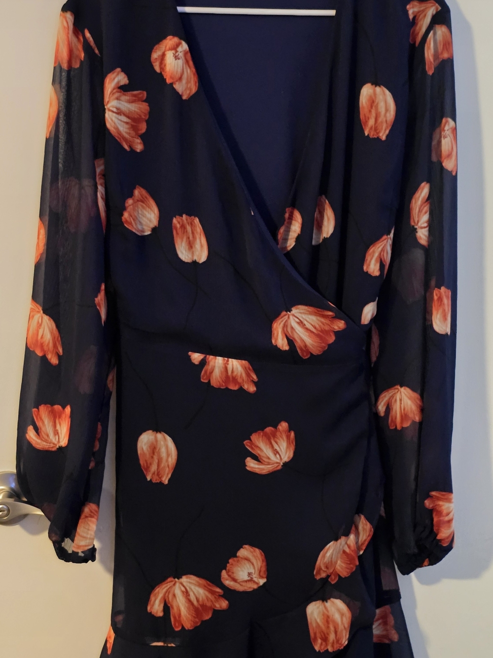 All in Favor Navy Wrap Dress with Orange Floral Print